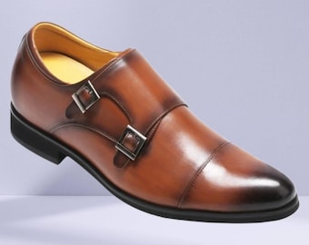 New Handmade Men brown double monk Elevator Shoes