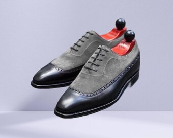Zapatos formales de punta de ala en dos tonos para hombre, hechos a mano, zapatos Spectators negros y grises para hombre.