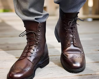 Botines brogue de piel marrón hechos a mano, zapatos formales para hombre