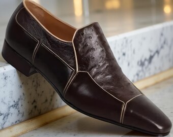 Mocassini in pelle bianca e marrone, scarpe alla moda slip-on, scarpe formali da uomo, scarpe eleganti da uomo - Italia