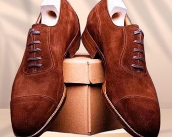 Handmade Men's Genuine Brown Suede Shoes Oxford Toe cap Lace up Dress Shoes