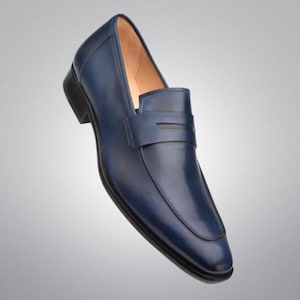 loafer genuine calf leather men dress shoes blue Men's Blue Apron-Toe Leather Penny Loafers Seagrave US 7 / Blue / D