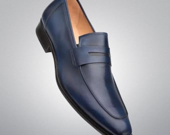 Handmade Navy Blue Dress Slip On Formal Shoes Leather Penny Loafer