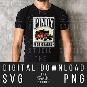 May include: Black t-shirt featuring a graphic of a red jeepney with the text "PINOY LIFESTYLE" and "BARYA LANG PO" in a white rectangular frame. The shirt also has the text "PHILIPPINES". The image also includes the text "DIGITAL DOWNLOAD SVG PNG".