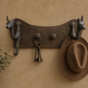 May include: A dark brown wooden wall-mounted rack featuring two metal hooks shaped like donkey heads on the ends, a central ring hook holding three metal keys, and a small round knob. A brown felt fedora hat hangs from the right donkey hook.