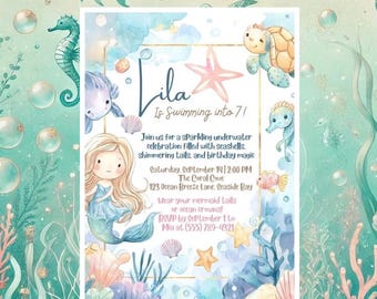 May include: A mermaid-themed invitation with the text "Lila Is Swimming into 7!". The invitation details a birthday celebration with seashells and shimmering tails. The design includes a mermaid, seahorses, and other sea creatures in a watercolour style.