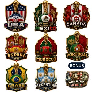 Puede incluir: Una colección de nueve emblemas de la Copa Mundial de la FIFA 2026 con banderas nacionales y el trofeo del torneo. Los diseños incluyen USA, Mexico, Canada, España, Morocco, Portugal, Brasil, Argentina y un gráfico extra con el texto World Cup 2026.
