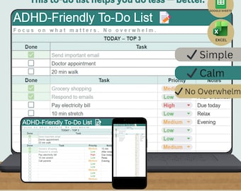 ADHD-Friendly To-Do List | ADHD Daily Planner for Adults | Simple Digital Planner | Google Sheets & Excel | Instant Download