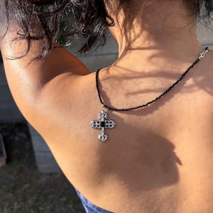 Gothic Black Beaded Necklace With Chrome Heart Cross Pendant - Stainless Steel Silver Chain, Black stone Accent, Dark Aesthetic Jewelry