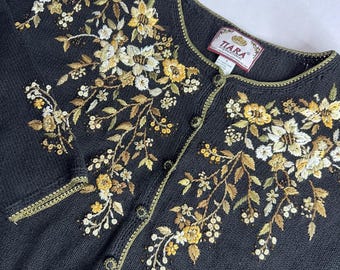 Vintage Tiara Womens Black Floral Embroidered Sweater  | Size Small | Y2K 90s