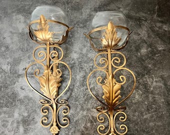 Vintage Large Metal Gold Tone Wall Sconce with Glass Globe Sconce Pair | Cottage