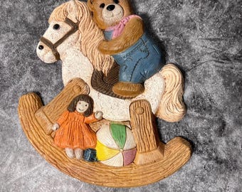 Vintage Frankie's Designs Teddy Bear Rocking Horse Wall Décor | Nursery Cottage