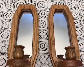 Par de apliques de pared vintage de madera con espejo / Estilo rústico campestre bohemio