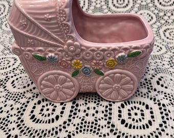 Maceta musical con forma de cochecito de bebé rosa vintage / Decoración infantil para baby shower / Abuela