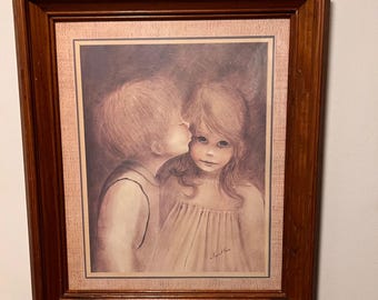 Lámina enmarcada vintage de Margaret Keane / Un pequeño beso