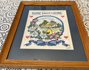 Vintage Handmade Cross-Stitch Home Sweet Home Framed Art | Cottage