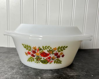 Vintage Arcopal French Milk Glass Casserole Dish with Lid | Partridge Pattern
