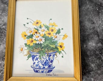 Vintage Blue White Vase Daisies Framed Art | *SEE NOTE |Barbara Mock | Cottage