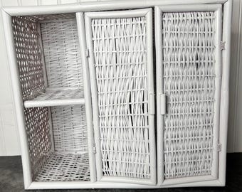 Vintage White Painted Wicker Storage Cabinet | Cottage Boho Shabby Chic