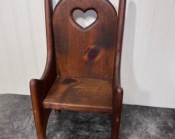 Vintage Hand Crafted Small Wooden Plant Stand Doll Chair Heart Cutout | Cottage