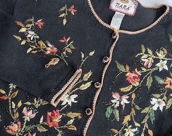 Vintage Tiara Womens Black Floral Embroidered Sweater  | Size Small | Y2K 90s