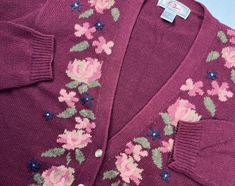Vintage Lee David Womens Burgundy Floral Cardigan Sweater | Size M | Grandma