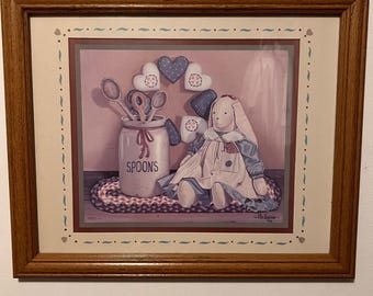 Lámina vintage de Pat Pearson con diseño de conejito / Arte folclórico campestre enmarcado / Estilo cabaña de los 90