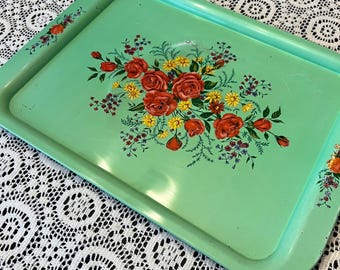 Vintage Mint Green Painted Floral Metal Tray | *SEE NOTE | Cottage