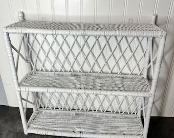 Vintage White Wicker Three Tier Wall Mounted Shelf | Cottage Shabby Chic Boho