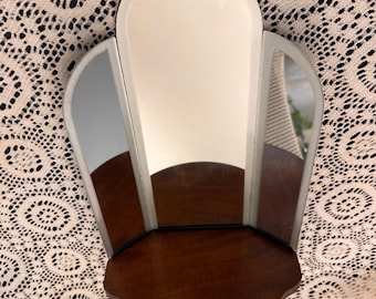 Vintage MCM Wood Tri-Fold Decorative Wall Shelf Mirror | Deco