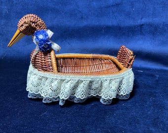 Vintage Woven Embellished Wicker Duck Basket Cottagecore Country