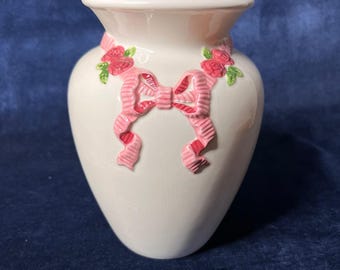 FTD Vintage White Ceramic Vase Pink Ribbon Roses Cottage Bow Shabby Chic