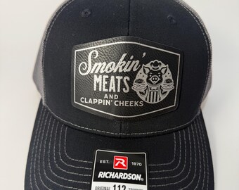 Smokin' Meats Leather Patch Trucker Hat – BBQ Grill Master Dad Cap