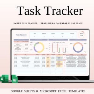 May include: A laptop displaying a task tracker template with charts and data. The screen shows the words "Task Tracker" and "Smart Task Tracker | Deadlines & Calendar in One Place." Two app icons are in the foreground.