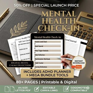 Planificateur de santé mentale PDF : journal pour le soulagement de l'anxiété, outils thérapeutiques, outil de suivi des soins personnels (téléchargement numérique)