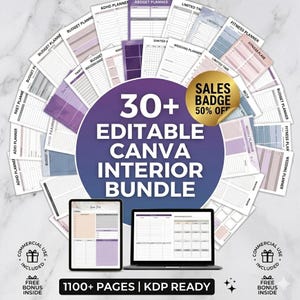 May include: A digital bundle of 30+ editable Canva interior templates, including budget, fitness, and wedding planners. The bundle includes over 1100 pages and is KDP ready. A tablet and laptop display the templates. A sales badge indicates a 50% discount.