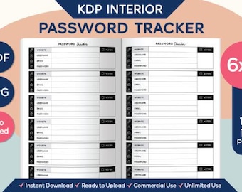 May include: A password tracker notebook with a white interior. The notebook includes sections for website, username, email, and password. The notebook is 6x9 inches and available in 50, 80, 100, and 120 pages. The cover includes the text "KDP Interior Password Tracker".