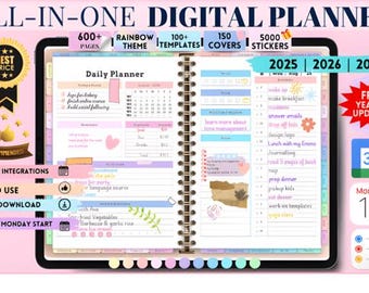 Puede incluir: Planificador digital con tema arcoíris, más de 600 páginas, 100+ plantillas y 5000 pegatinas. Cuenta con integraciones de calendario, fácil de usar y descarga instantánea. Incluye actualizaciones anuales y inicio domingo y lunes.