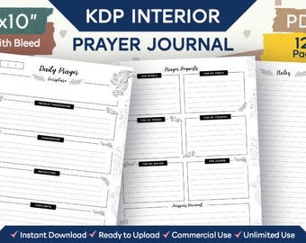 Pode incluir: Um diário de oração interior KDP com interior branco e texto preto. O diário inclui seções para oração diária, pedidos de oração e notas. A capa exibe o texto "8x10" With Bleed" e "PDF 120 Pages".