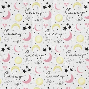 Personalized Celestial Velveteen Plush Blanket, Cozy Throw for Kids, Custom Star and Moon Design, Birthday Gift, Nursery Decor, Pink, Yellow