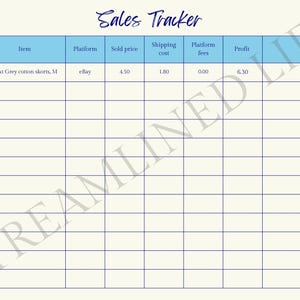 May include: A sales tracker template with a light blue header and column titles. The title "Sales Tracker" is in cursive script. The first entry shows "Next Grey cotton skorts, M" sold on eBay for £4.50.