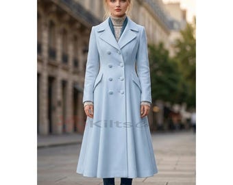 Abrigo cruzado de lana azul claro