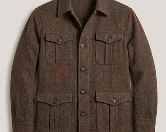 ブラウンヘリンボーンツイードフィールドジャケット