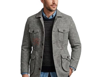Chaqueta de campo de tweed gris con estampado de espiga para hombre