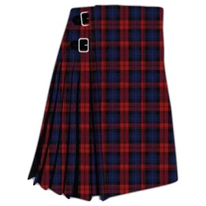May include: A tartan kilt in a red, navy blue, and black check pattern. The kilt has pleats and two leather straps with silver buckles. The fabric displays a classic tartan design, suitable for Scottish or Celtic themed events.