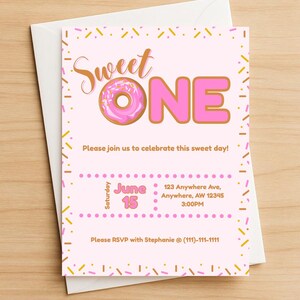 Sweet One Donut-Themed Pink First Birthday Invitation Template