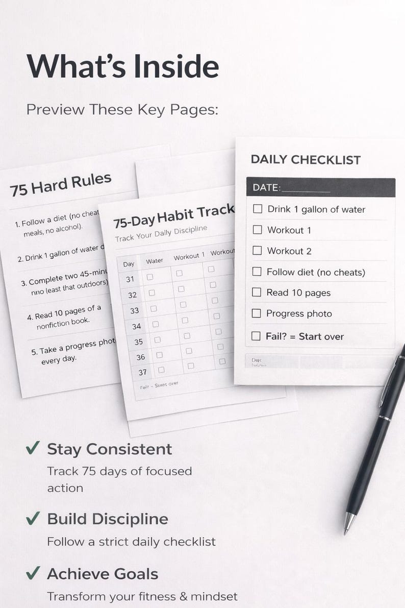 75 Hard Challenge Tracker Printable | 75 Day Habit Tracker PDF | Daily ...