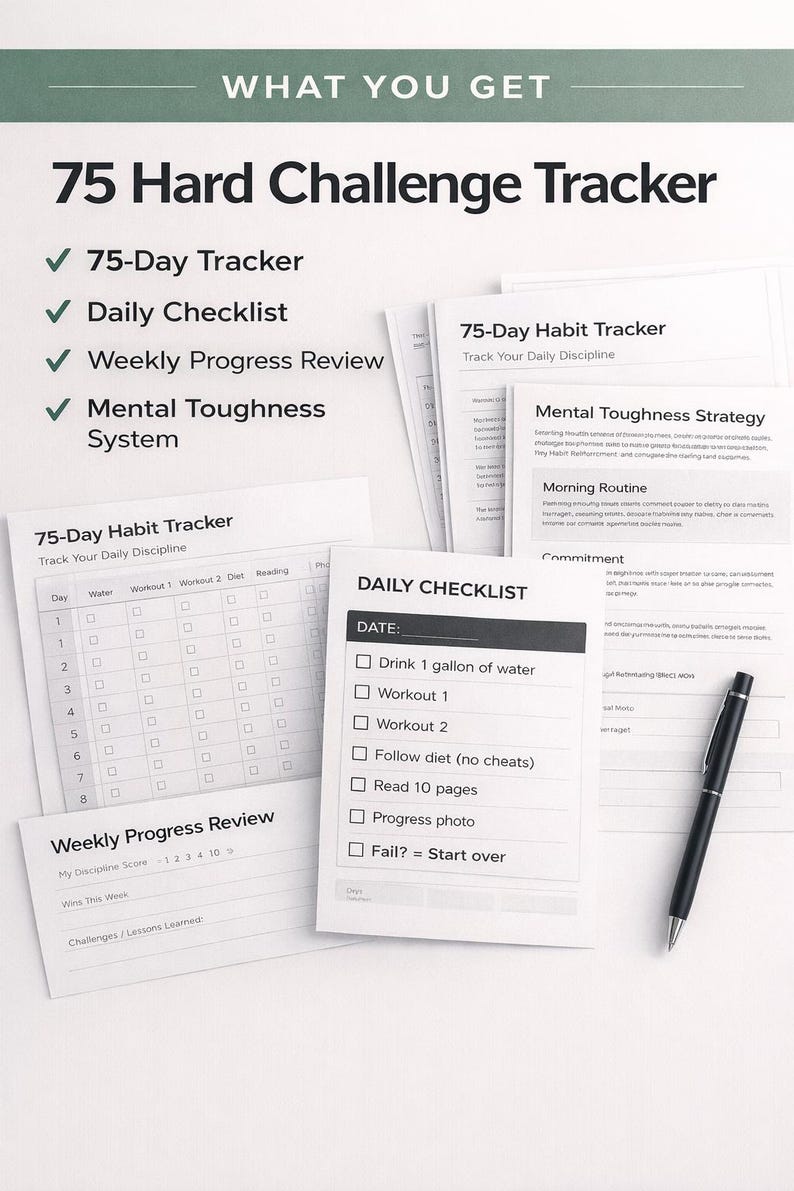 75 Hard Challenge Tracker Printable | 75 Day Habit Tracker PDF | Daily ...