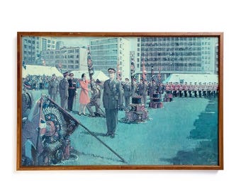 Stampa firmata da Terence Cuneo, Presentazione delle bandiere, Queen's Regiment 1974, Arte storica militare (24x16)
