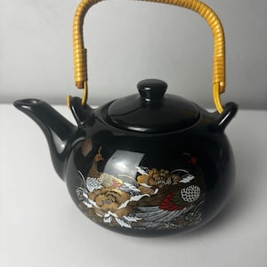Vintage schwarze Keramik Peacock Teekanne mit Bambusgriff